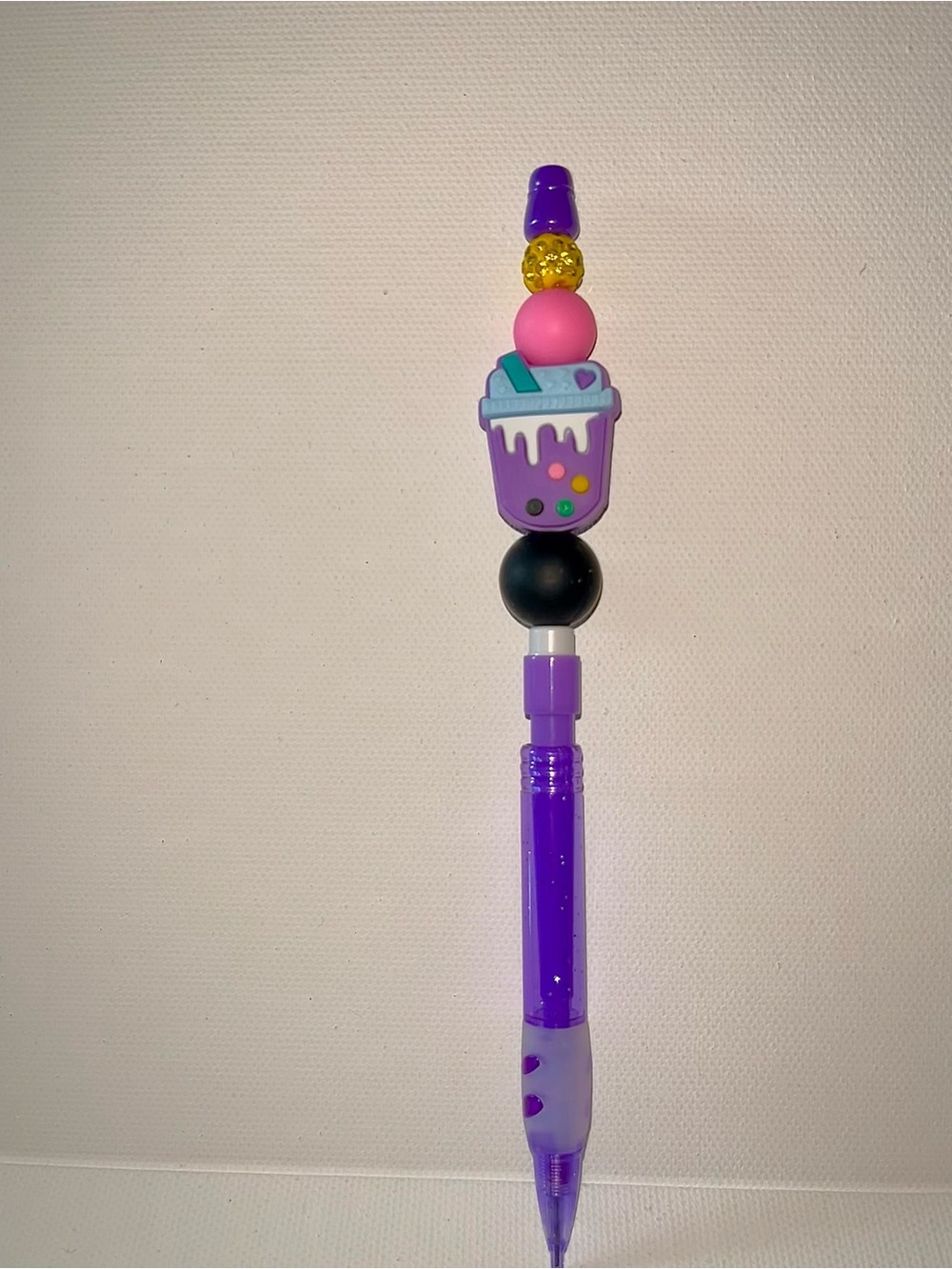 Purple Novelty Mechanical Pencil w/Bubble Tea Topper & Gold Rhinestone Accents
